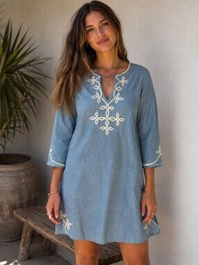 Lucky Brand Blue Chambray Embroidered Mini Dress Boho Cottagecore Size Small